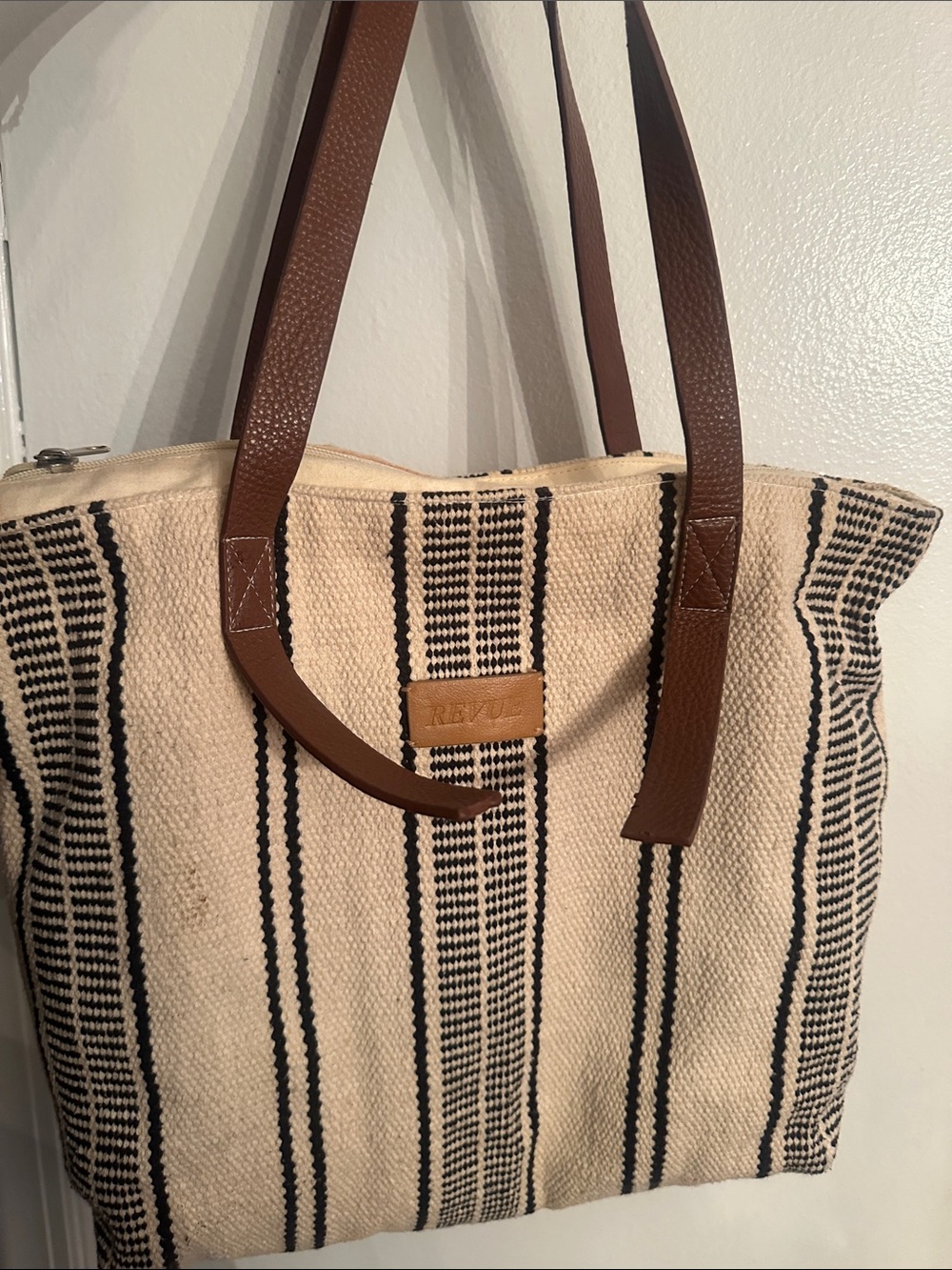 Striped Canvas Tote with Brown Leather Handles
